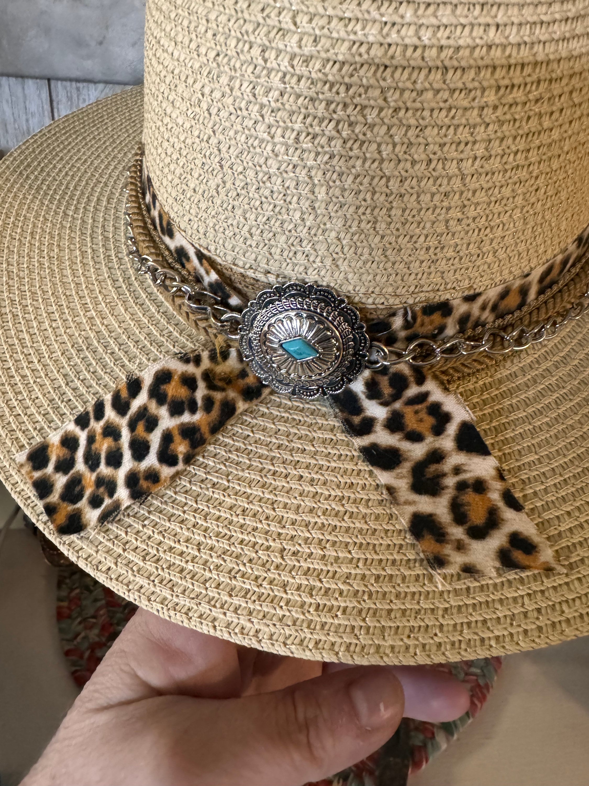Wide Brim Straw Panama Hat With Leopard Band - Beach Sun Hat 