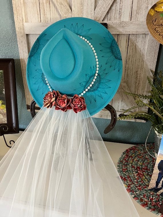 Wedding Teal Cowboy Hat With Veil Hand Burned Sunflowers  display picture 3