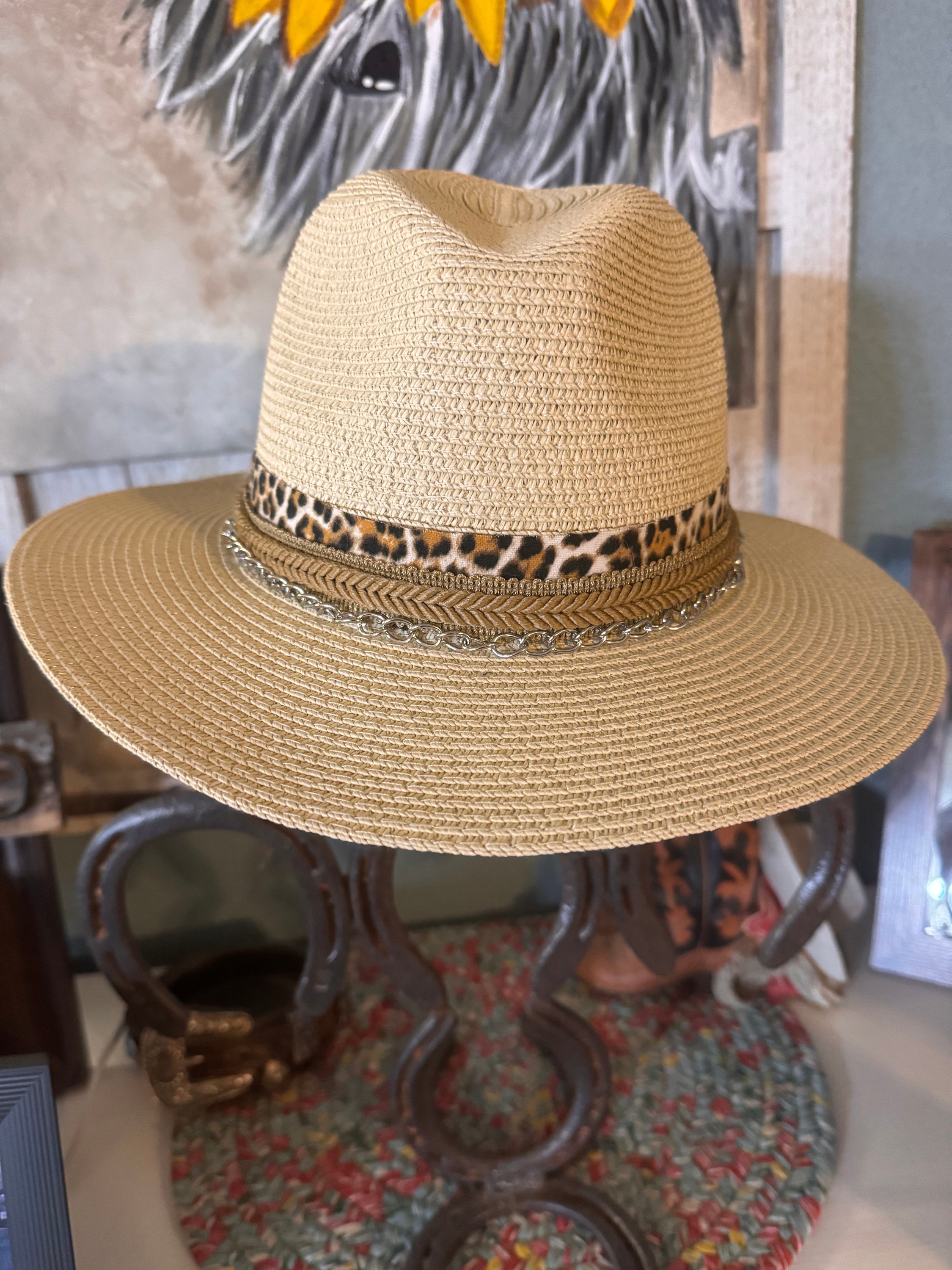 Woven Straw Panama Hat with Leopard-Trim Band - Tan Wide Brim Straw Panama Hat With Leopard Band - Beach Sun Hat  main image 4