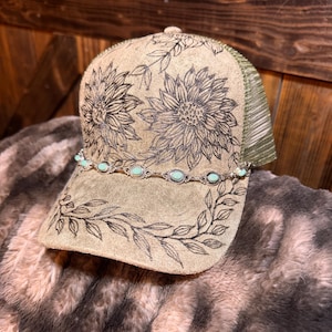 Custom Burned Sunflower Ball Cap with Turquoise Silver Hat Chain, Daisy Western Hat bild 6