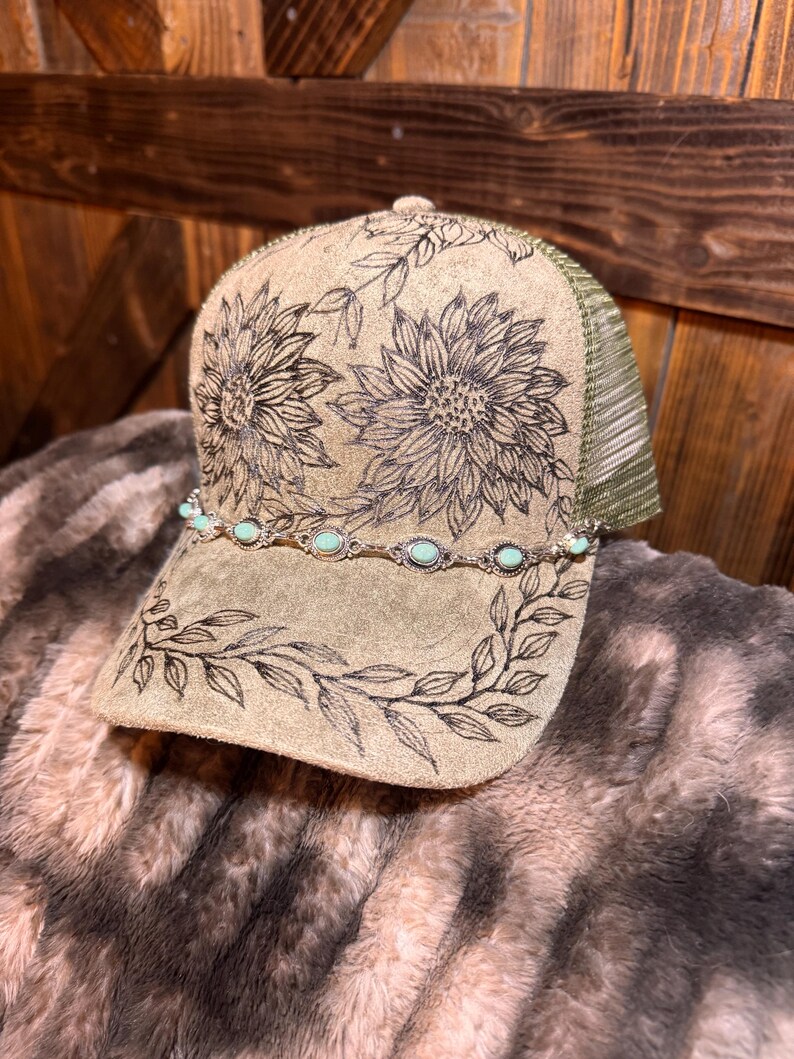 Custom Burned Sunflower Ball Cap with Turquoise Silver Hat Chain, Daisy Western Hat bild 6