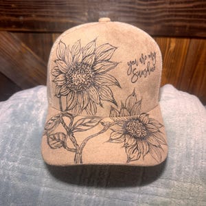 Rustic Sunflower Hat – Hand Burned Cap – Distressed Baseball Hat – Nature Gift – Garden Hat – Boho Festival Cap - Unique Gift