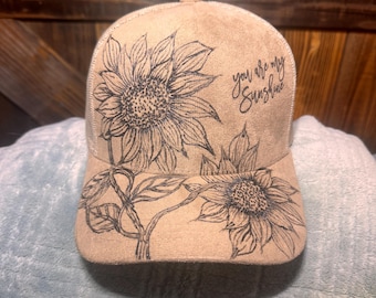Rustic Sunflower Hat – Hand Burned Cap – Distressed Baseball Hat – Nature Gift – Garden Hat – Boho Festival Cap - Unique Gift