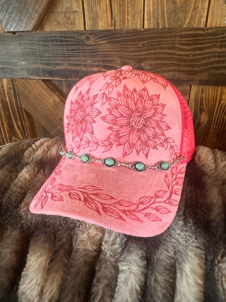 Custom Burned Sunflower Ball Cap with Turquoise Silver Hat Chain, Daisy Western Hat bild 8