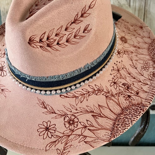 Hand Burned Pink Cowgirl Hat: Western Wildflower Design - Etsy display picture 2