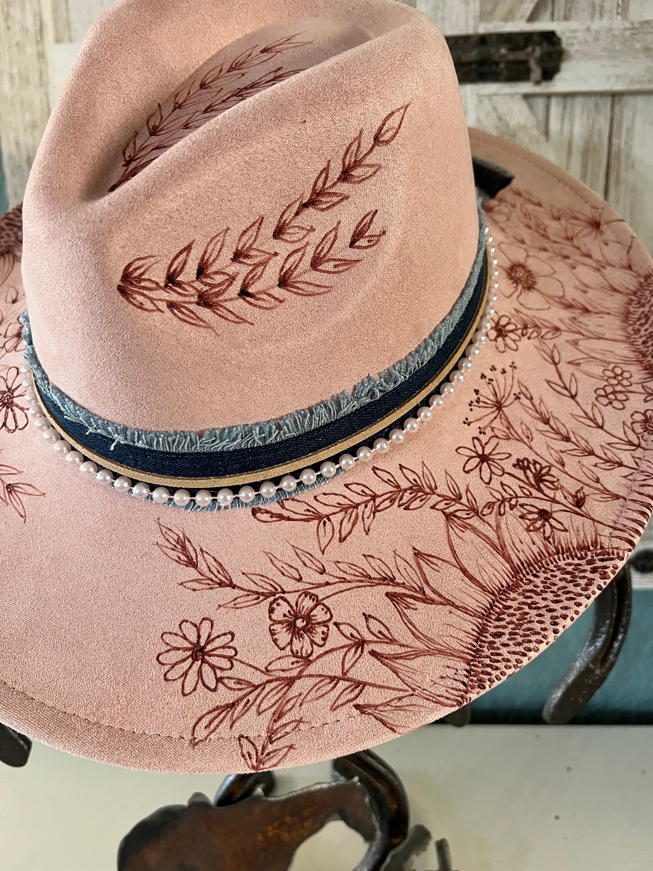 Pink and Tan burned Cowgirl Hat with Wide Brim Pink & Punchy Burned Cowgirl Hat – Distressed Fedora with  main image 4