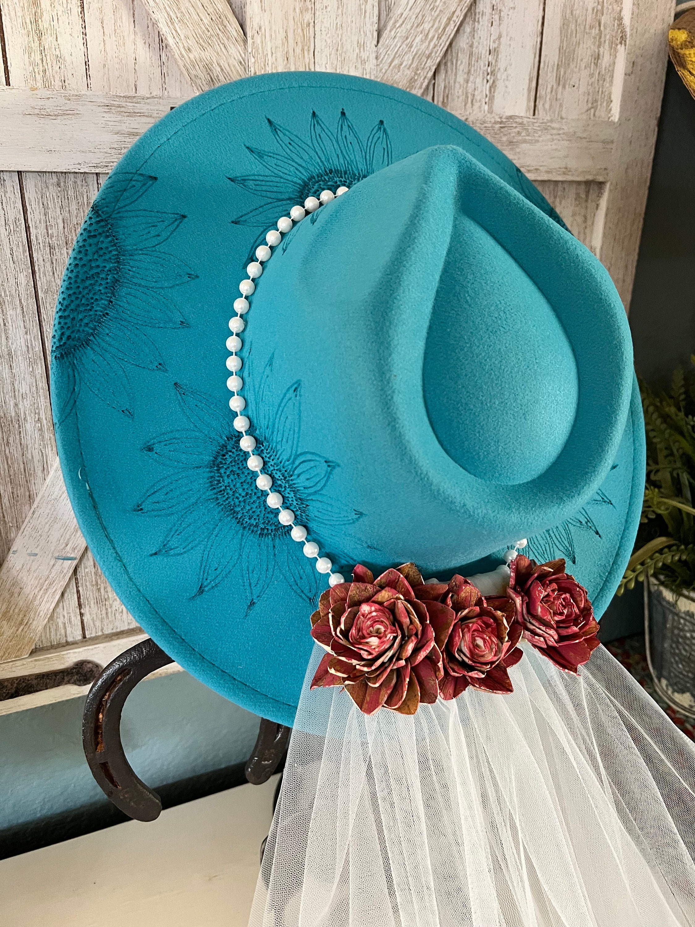 Wedding Teal Cowboy Hat With Veil Hand Burned Sunflowers  display picture 1