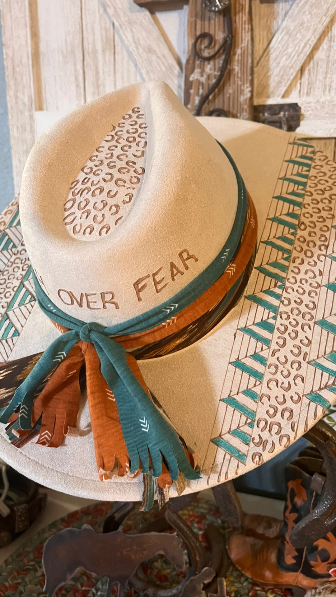 Aztec Hand Burned, faux suede wide brimmed Fedora Artisan Hand-burned Brown Suede Wide Brim Fedora Hat With  main image 2