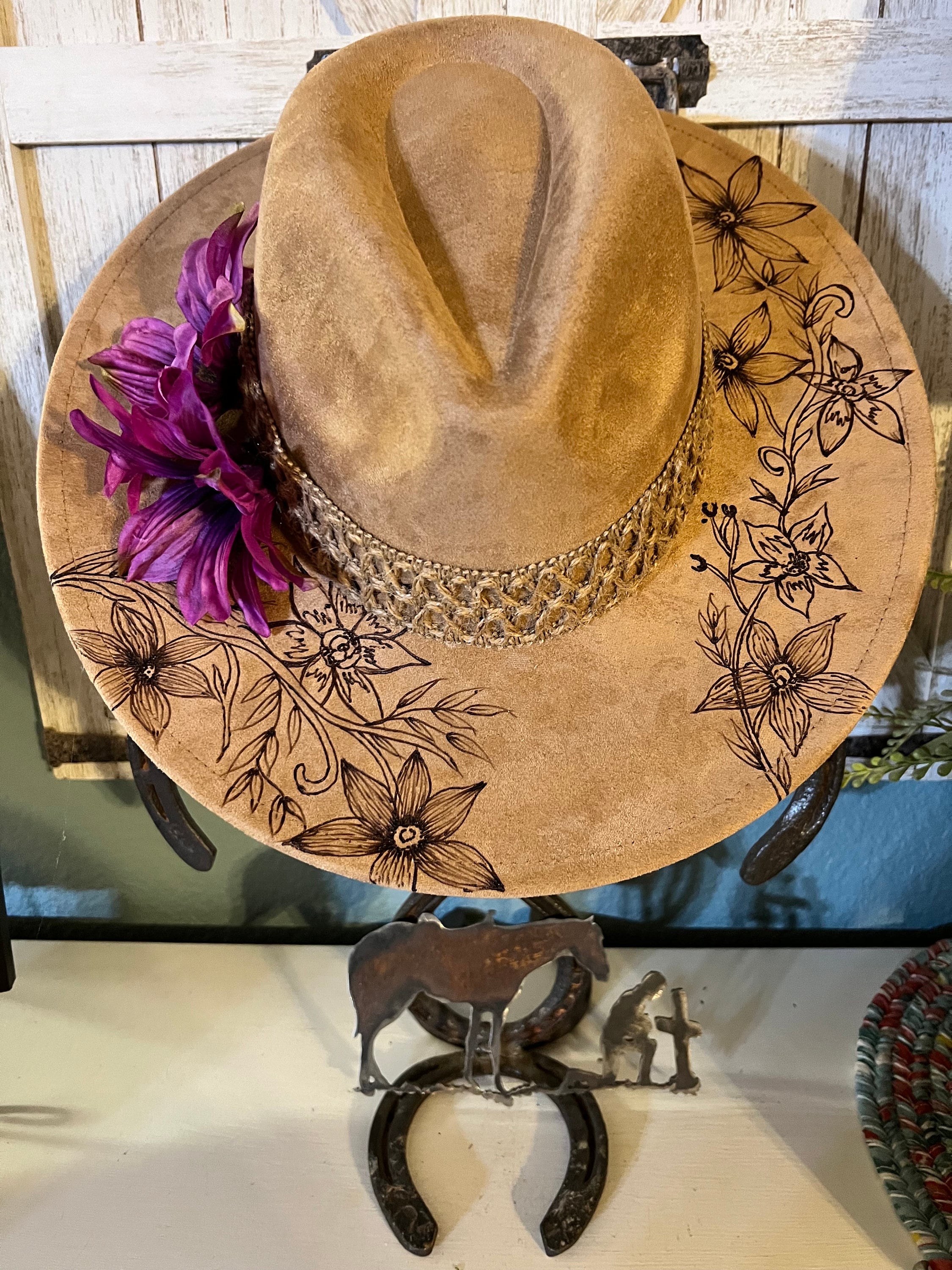 Meet Jolene | Handcrafted Leather Floral Western Hat || Wildwood #001 Leave Her Wild Floral Burned Hat, Floral Engraved Cowboy Hat  main image 4