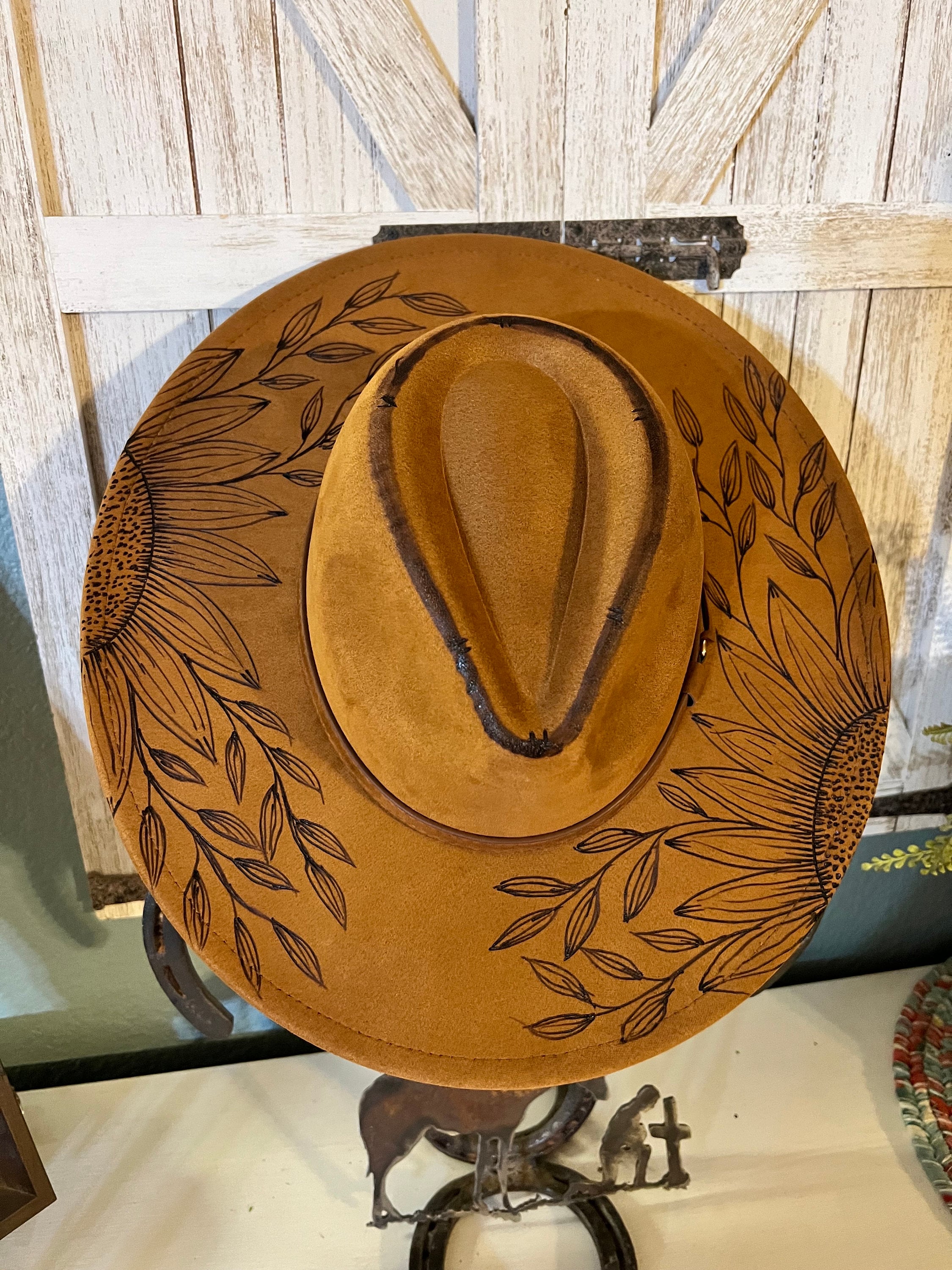 2556 – Sunflower Design Hand-burned Vegan Suede Wide Brim Cowboy Hat – Rancher COWBOY Brim Sunflower - Custom Hand Burned Hat – Wild Child  main image 4