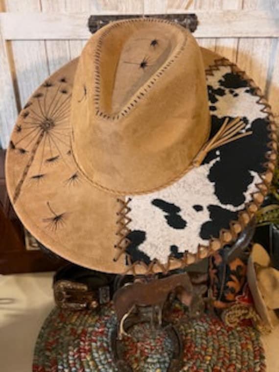 Hand Burned Suede Cowboy Hat: Cowhide Dandelion Design - Etsy display picture 3