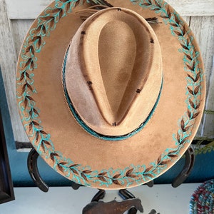 Custom Suede Flat Brim Cowgirl Hat - One-of-a-Kind Hand-Burned and Painted Teal Vine Design