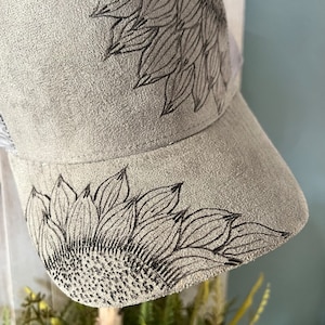 Custom burned Gray Baseball hat with  Beautiful Sunflowers