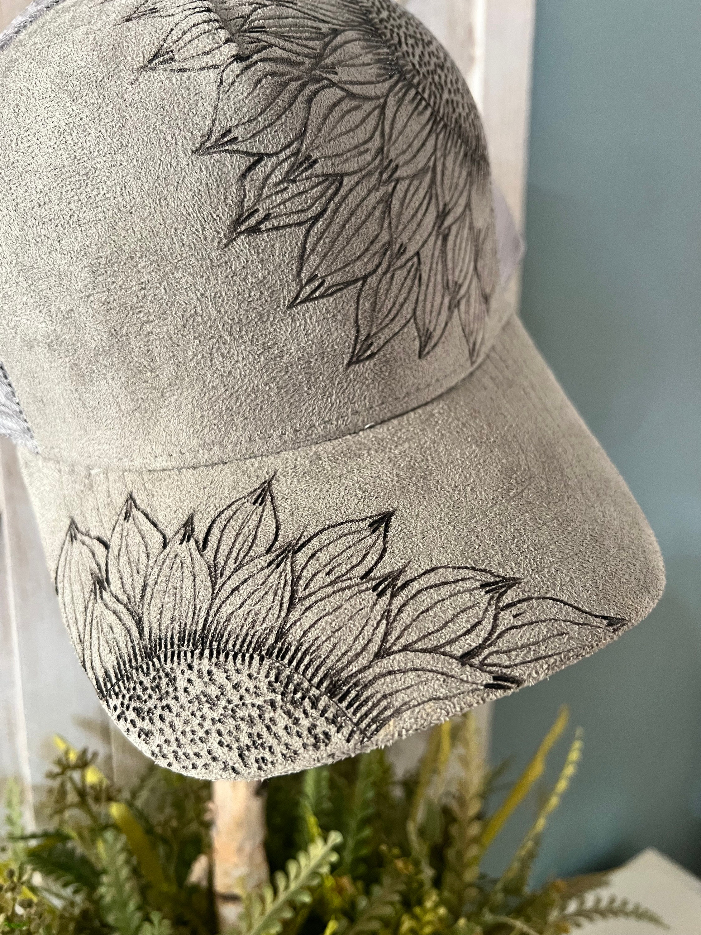 Custom Gray Baseball Cap With Burned Sunflower Design - Etsy display picture 1