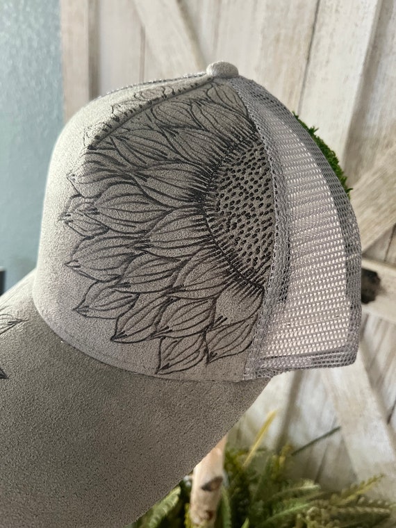 Custom Gray Baseball Cap With Burned Sunflower Design - Etsy display picture 3