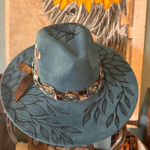 Teal Suede Cowboy Hat | Sunflower Cross, Silver Hatband