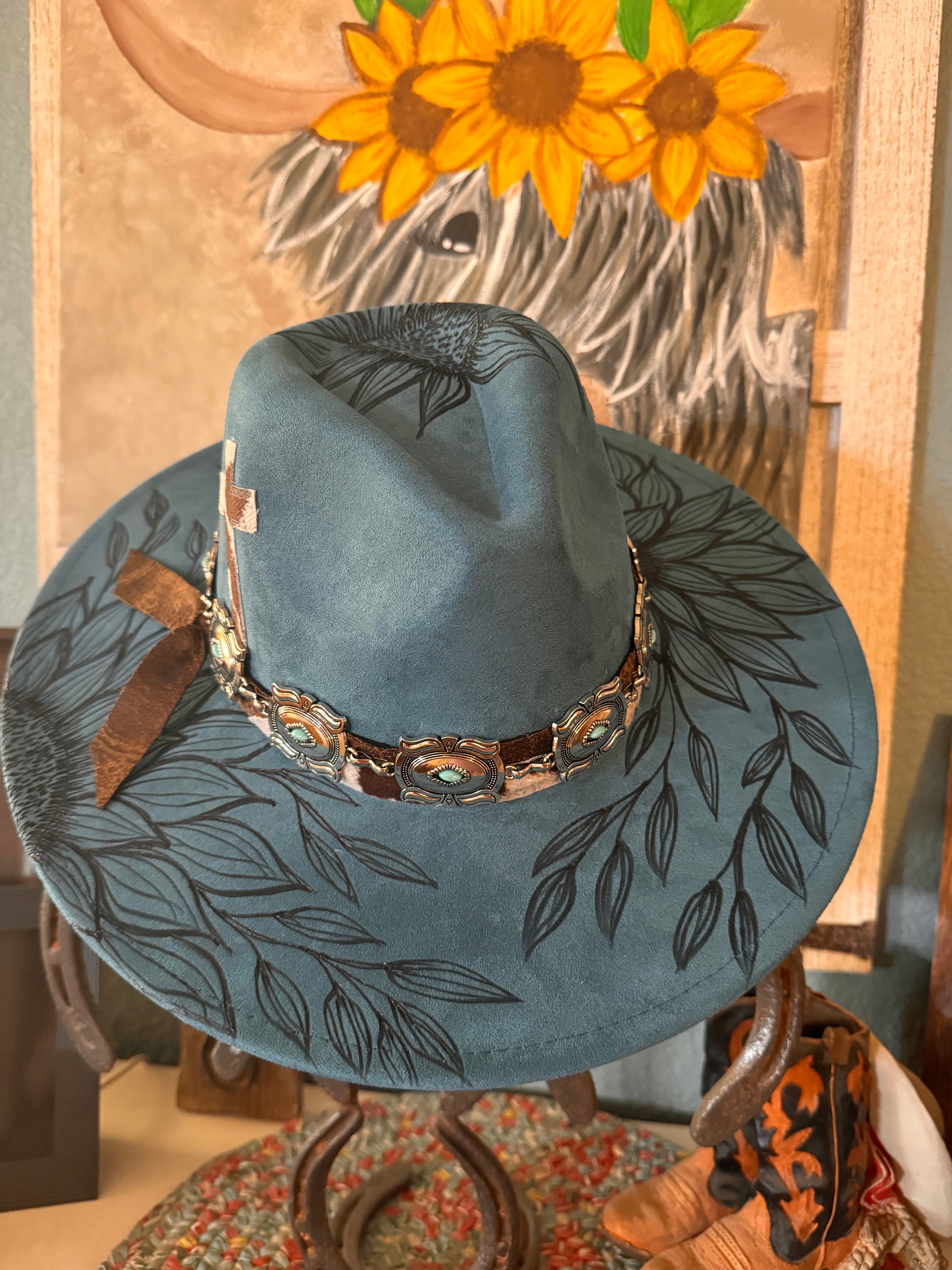 8793 Women’s Western Cowboy Hat With Floral Teal Flower Band – High-end Leave Her Wild Floral Burned Hat, Floral Engraved Cowboy Hat  main image 3