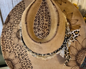 Handmade Burned Leopard Print Suede Cowgirl Hat: Western Rodeo Style