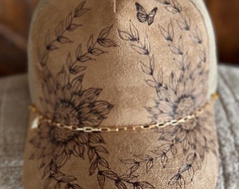 Hand-Burned Sunflower Suede Ball Cap | Western Floral Hat