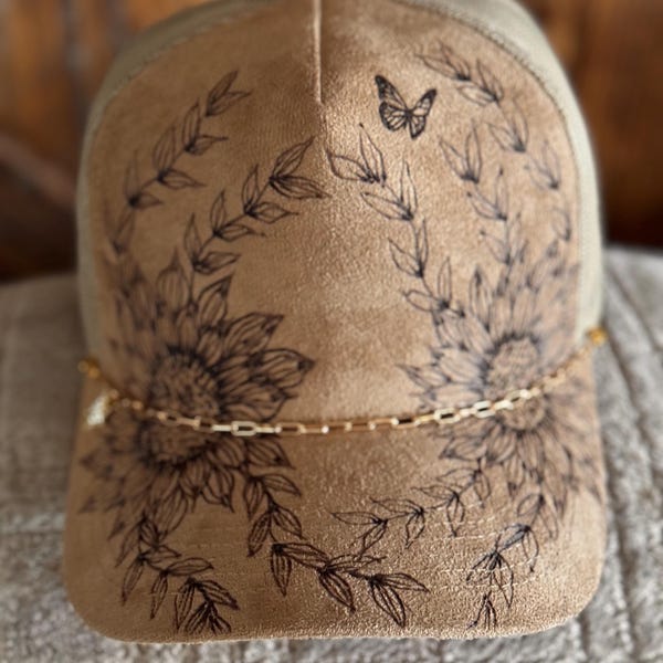 Hand-Burned Sunflower Suede Ball Cap | Western Floral Hat