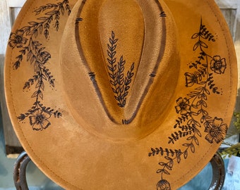 Hand Burned Suede Cowboy Hat with Wildflower Design