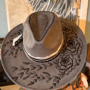 Peonies flowers hand burned on cowgirl flat brim cowgirl hat.