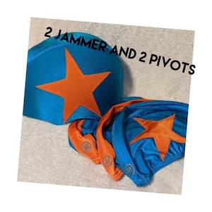 May include: A set of blue and orange swim gear, including a swim cap and briefs, each featuring a large orange star. The text "2 JAMMER AND 2 PIVOTS" is printed on the image. The swim briefs have the letter "M" printed on them.