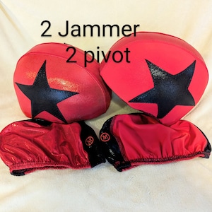 May include: Four pieces of athletic gear: two red, star-shaped protective helmets and two red and black protective sleeves. The helmets have a large black star on the side. The text "2 Jammer 2 pivot" is visible.