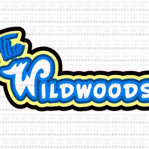 May include: A logo with the text "The Wildwoods" in a blue, white, and yellow color scheme. The text is outlined in black and has a 3D effect.