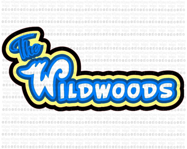 May include: A logo with the text "The Wildwoods" in a blue, white, and yellow color scheme. The text is outlined in black and has a 3D effect.