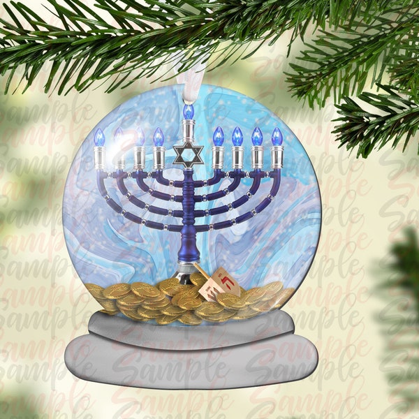 Menorah Snow Globe Ornament with Dreidel and Gelt Blue Background  DESIGN ONLY