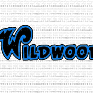 May include: A black and blue graphic design of the word "WILDWOOD" with a stylized "W" that has a curl at the top.