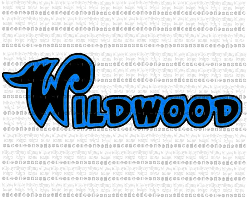 May include: A black and blue graphic design of the word "WILDWOOD" with a stylized "W" that has a curl at the top.