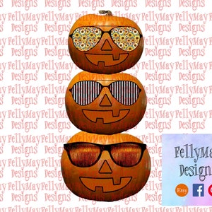 May include: Three orange pumpkins stacked on top of each other. Each pumpkin has a different pair of sunglasses. The top pumpkin has floral sunglasses, the middle pumpkin has black and white striped sunglasses, and the bottom pumpkin has brown sunglasses.