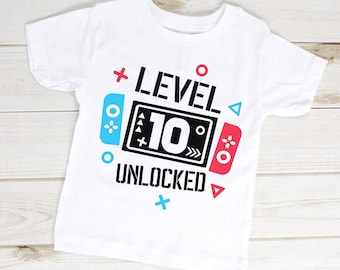 Chemise d'anniversaire de joueur | Chemise d'anniversaire de jeu vidéo | 10e anniversaire de jeu vidéo chemise d'anniversaire | Deux chiffres | Fête d'anniversaire déverrouillée niveau 10