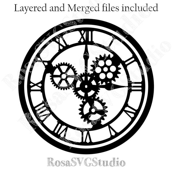 Steampunk Wall Clock svg, Industrial Clock with gears, Layered and Merged included. Laser cut file. Use with Cricut or Glowforge