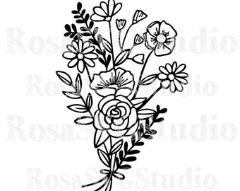 May include: Black and white line art illustration of a bouquet of flowers. The bouquet includes roses, daisies, and other wildflowers.