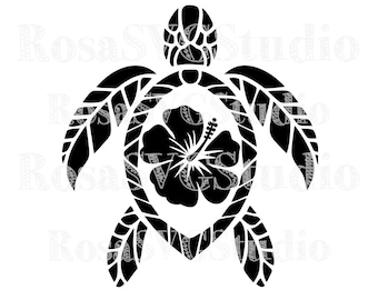 Könnte beinhalten: Schwarze Silhouette einer Schildkröte mit einer Hibiskusblüte in der Mitte. Die Schildkröte ist mit einem floralen Design auf ihrem Panzer stilisiert.