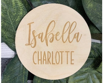 Laser Engraved Baby Name on Wooden Circle-020202, Style 2, Baby Announcement, Newborn Photo Prop, Birth Announcement, Girl or Boy, Fresh 48