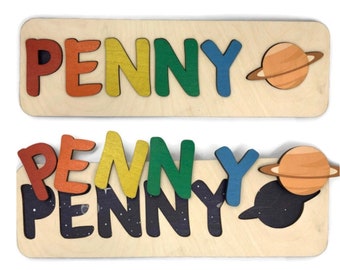 WOODEN NAME PUZZLE with Space Background - Personalized Name Puzzle with Shape and Colored Background  - Raw Wood Puzzle Frame - Unique Gift