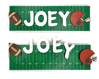 WOODEN NAME PUZZLE with Football Field - Personalized Name Puzzle with Shapes and Colored Background  - Raw Wood Puzzle Frame - Unique Gift
