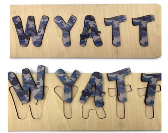 WOODEN NAME PUZZLE - 010104 - Personalized Name Puzzle - Camouflage Pattern Letters Name Puzzle - Raw Wood Puzzle Frame - Unique Gift