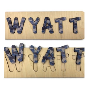 WOODEN NAME PUZZLE - 010104 - Personalized Name Puzzle - Camouflage Pattern Letters Name Puzzle - Raw Wood Puzzle Frame - Unique Gift