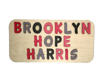 WOODEN NAME PUZZLE - 010107 - Personalized Triple Stacked Name Puzzle - Full Color Letter Name Puzzle - Raw Wood Puzzle Frame - Unique Gift