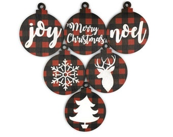 BUFFALO PLAID ORNAMENT Set - Set of Buffalo Plaid Christmas Ornaments - Full Color Printed Design on Wood Cut Shapes