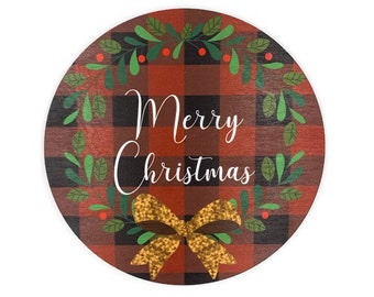 CHRISTMAS DOOR HANGER - Circle Sign - Christmas Sign - Wall Decor - Full Color Printed Design on Laser Cut Wood - Merry Christmas