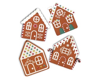 Set of 4 GINGERBREAD HOUSE ORNAMENTS - Set of Gingerbread House Christmas Ornaments - Full Color Printed Design on Wood Cut Shapes