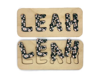WOODEN NAME PUZZLE - 010103 - Personalized Name Puzzle - Daisies Pattern Letters Name Puzzle - Raw Wood Puzzle Frame - Unique Gift