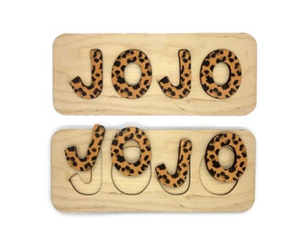 WOODEN NAME PUZZLE - 010105 Personalized Name Puzzle - Cheetah Print Pattern Letters Name Puzzle - Raw Wood Puzzle Frame - Unique Gift