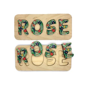 WOODEN NAME PUZZLE - 010103 - Personalized Name Puzzle - Floral Pattern Letters Name Puzzle - Raw Wood Puzzle Frame - Unique Gift